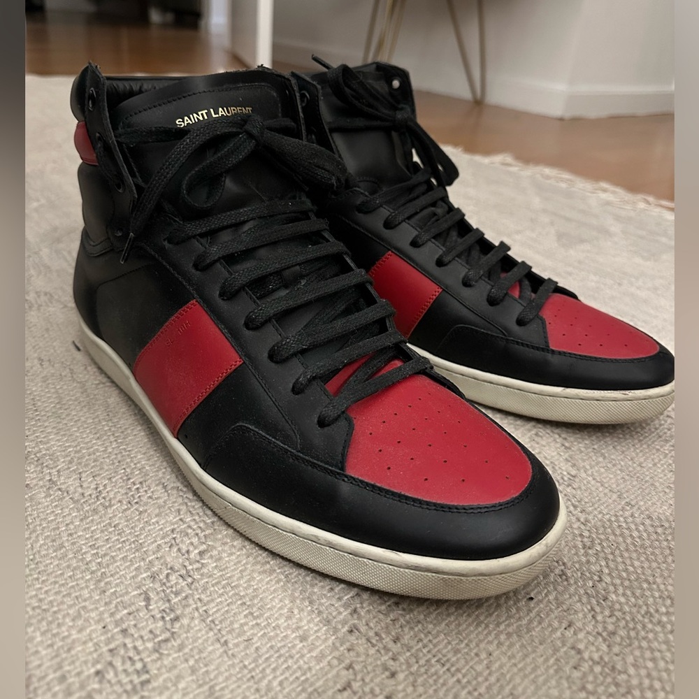 Saint Laurent SL/10H Signature Men’s Court Classic High-Top Sneakers Black-Red - Picture 3 of 12